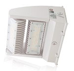80W Full Cutoff LED Wall Pack 1 - angled view, white, powder-coated led stadium light with modular led array design