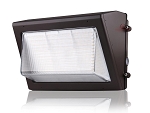 100W Commercial LED Wall Pack 1 - angled view, bronze, traditional full cut-off design with prismatic glass lens robust