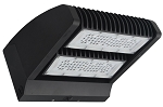 120W Full Cutoff LED Wall Pack 1 - 3/4 view, black, dual led arrays with integrated heat sink cooling fins on top and back