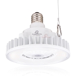 90W High Bay LED Retrofit Bulb 1 - angled view, white, substantial heat sink fins radiating around the perimeter, e26/e27