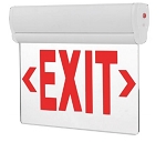 3W LED Emergency Exit Sign 1 - angled view, white, plastic led exit sign with edge-lit design featuring bold red exit