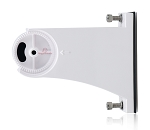 LED Parking Lot Light Arm Mount - side view, white, powder-coated curved mounting bracket with circular junction box