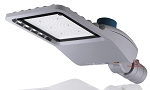 120W LED Municipal Street Light 1 - 3/4 view, gray, curved streamlined housing design featuring rectangular led array panel