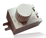 LED Wattage Selector Device - angled view, white, plastic led dimmer control module featuring rotary knob with percentage