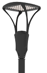 TAA and BAA - angled view, black, powder-coated led post top light fixture featuring modern curved frame design