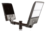 300W LED Parking Lot Lighting Package 1 - 3/4 view, bronze, dual fixture design on adjustable pole mounting arm