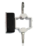 LED Wall Mount Bracket 1 - angled view, silver, adjustable mounting bracket and threaded tenon arm, rectangular mounting