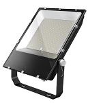 150W LED Parking Lot Flood Light 1 - 3/4 view, black, adjustable yoke mount bracket for precise aiming shows array of yellow