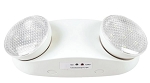 0.6W LED Emergency Exit Sign 1 - front view, white, plastic emergency lighting unit with dual led spotlights and central