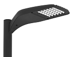 300W TAA and BAA LED Parking Lot Light LSI 1 - 3/4 view, black, curved aerodynamic housing design with integrated led array