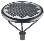 40W Solar LED Street Light 1 - 3/4 view, black, integrated solar panel top, circular modern design with post-mount