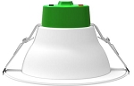 10W LED Recessed Can Light 1 - angled view, white, bright green trim ring and integrated spring clips for ceiling mounting