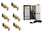 5W LED Landscape Spot Light 1 - 3/4 view, brass landscape spot lights with adjustable knuckle mounts and ground stakes, shown