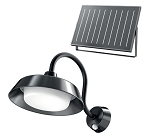50W Solar LED Wall Light 1 - angled view, black, wall-mounted design with gooseneck arm and separate solar panel