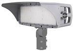 600W LED Slip Fit Mount Stadium Light 1 - angled view, gray, large rectangular led array and integrated visor shield, robust