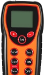 Programmer for Everan, and the LED Solar 1 - front view, orange and black, and black handheld remote control device with lcd
