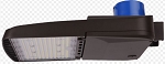 150W Shoebox LED Parking Lot Light 1 - angled view, bronze, rectangular led array housing with integrated heat sink cooling