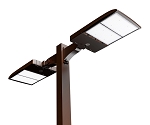 300W LED Stadium Lighting Package 1 - 3/4 view, bronze, dual rectangular led modules with clear tempered glass lenses