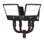 300W LED Parking Lot Lighting Package 1 - angled view, dual-head black led sports light fixture with rectangular led arrays