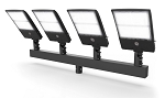 300W LED Parking Lot Lighting Package 1 - 3/4 view, four black led stadium lights mounted on steel rail system each fixture